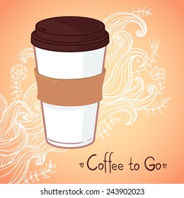 Hand drawn vector illustration - Coffee to go. Background with waves and flowers 