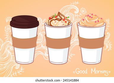 Hand drawn vector illustration - Coffee to go and other sweet desserts. Background with waves and flowers