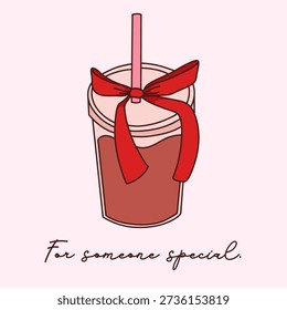 Hand drawn vector illustration of a coffee cup with a red ribbon. Romantic drink vector for someone special. Valentine's Day coffee concept. Cute cafe sticker vector design
