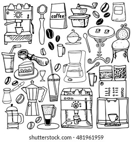 Hand drawn vector illustration with coffee makers. Sketch set of coffee, cups, beans.