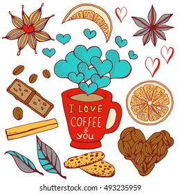 Hand drawn vector illustration with coffee, cakes, hearts and lettering. Doodle elements isolated on white background for cafe menu, greeting postcard, print invitation. Vintage typography card.