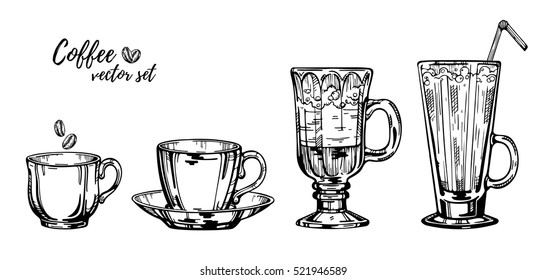 Hand drawn vector illustration coffee set. Retro template isolated.