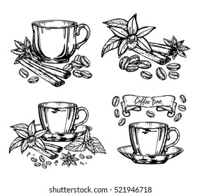 Hand drawn vector illustration coffee set. Retro template isolated.
