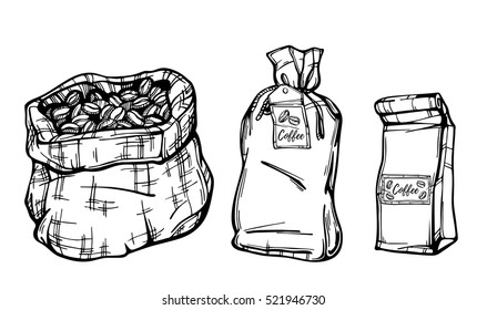Hand drawn vector illustration coffee set. Retro template isolated.
