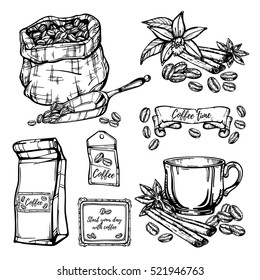 Hand drawn vector illustration coffee set. Retro template isolated.