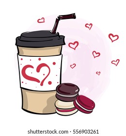 Hand drawn vector illustration with coffee to go cup, mini macaroons and romantic hearts on light pink watercolor background.