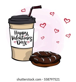 Hand drawn vector illustration with coffee to go cup, chocolate donut, lettering Happy Valentine's day and romantic hearts on light pink watercolor background.