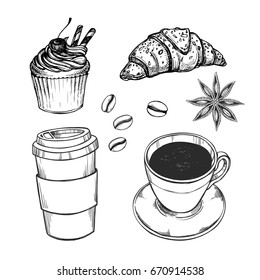 Hand drawn vector illustration - Coffee set (croissant, cupcake, cup of tea). Design elements in sketch style. Perfect for prints, cards, menu etc