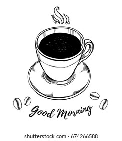 Hand drawn vector illustration - Coffee. Good Morning. Design elements in sketch style. Perfect for invitations, greeting cards, posters, prints
