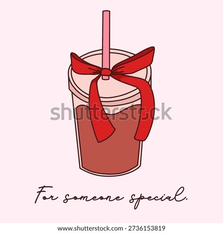 Hand drawn vector illustration of a coffee cup with a red ribbon. Romantic drink vector for someone special. Valentine's Day coffee concept. Cute cafe sticker vector design