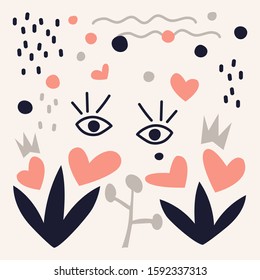 Hand drawn vector illustration, collage . Psychedelic design . Abstract composition with hearts, geometric shapes, eyes, crown and doodles . Modern Scandinavian flat design for cover, Poster, greeting