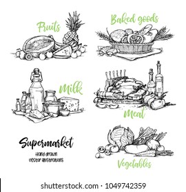 Hand Drawn Vector Illustration. Collection Of Supermarket Products.  Grocery Store. Design Elements In Sketch Style. Perfect For Brochures, Flyers, Delivery, Poster, Advertising