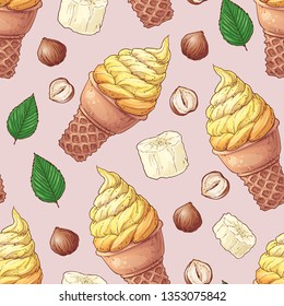Hand drawn vector illustration - Collection of ice cream. Seamless pattern.