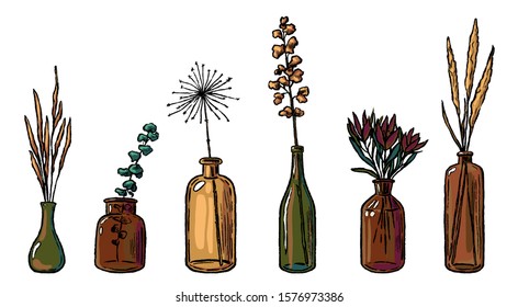 Hand drawn vector illustration. Collection of varied vases, bottles, and jars of flowers and plants. Vintage botanical set. Decorative floral colorful elements isolated in white. Details for design.