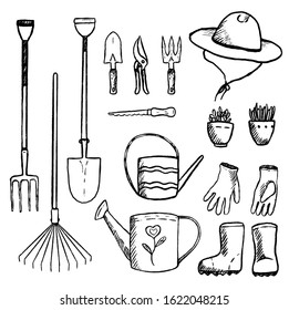 Hand drawn vector illustration. Collection of garden tools and supplies. Vintage garden set in sketch style. Outline decorative elements isolated in white. For design, typography, prints, cards etc.