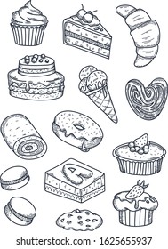 Hand drawn vector illustration - collection of sweets, cakes and dessert. Design elements in sketch style for confectionery and bakery shops.