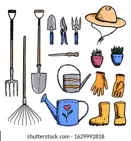 Hand drawn vector illustration. Collection of garden tools and supplies. Vintage garden set in sketch style. Decorative colorful elements isolated in white. For design, typography, prints, cards etc.