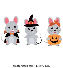 Hand drawn vector illustration collection of a cute mouse, halloween costume. Vector Illustration.