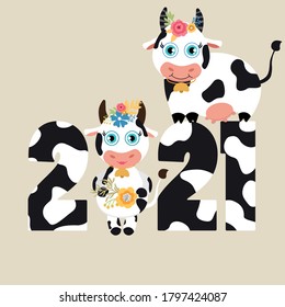 Hand drawn vector illustration collection cute cow  2021 year  Vector Illustration 
