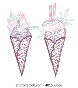 Hand drawn vector illustration - Collection of crazy ice cream. Sweet desserts
