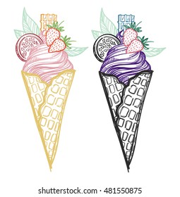 Hand drawn vector illustration - Collection of crazy ice cream. Sweet desserts
