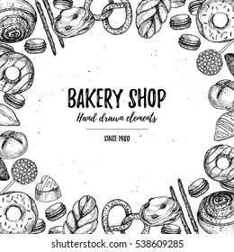 Hand drawn vector illustration - collection of goodies, sweets, buns and pastries. Background in sketch style for confectionery and bakery shops. Perfect for menu, cards, blogs, banners, flyers etc
