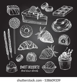 Hand drawn vector illustration - collection of goodies, sweets, cakes and pastries. Design elements in sketch style for confectionery and bakery shops. Perfect for menu, cards, blogs, banners, flyers 