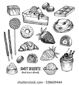 Hand drawn vector illustration - collection of goodies, sweets, cakes and pastries. Design elements in sketch style for confectionery and bakery shops. Perfect for menu, cards, blogs, banners, flyers 