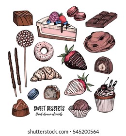 Hand drawn vector illustration - collection of goodies, sweets, cakes and pastries. Design elements in sketch style for confectionery and bakery shops. Perfect for menu, cards, blogs, banners, flyers 