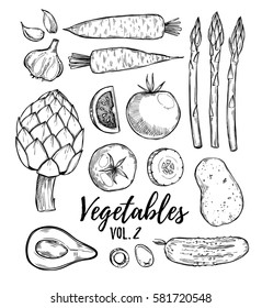 Hand drawn vector illustration - collection of vegetables vol.2(carrots, potatoes, garlic, tomatoes, asparagus, artichoke, avocado, olives).Design elements in sketch style.
