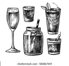 Hand drawn vector illustration - Collection of alcoholic and non-alcoholic cocktails. Design elements in sketch style. Perfect for brochure, cafe flyer, bar and restaurant menu