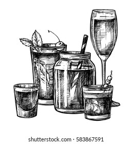 Hand drawn vector illustration - Collection of alcoholic and non-alcoholic cocktails. Design elements in sketch style. Perfect for party brochure, cafe flyer, pub and restaurant menu