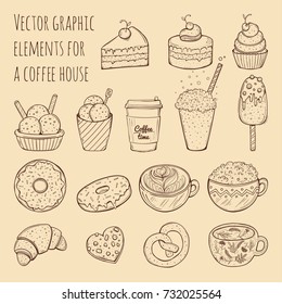 Hand drawn vector illustration - collection of goodies, sweets, cakes and pastries.