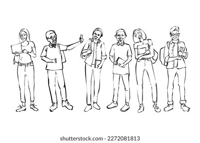  Hand drawn vector illustration of College students, high school pupils, boys and girls sketch for drawing, teenagers standing together. Faceless people, classmates concept sketch.