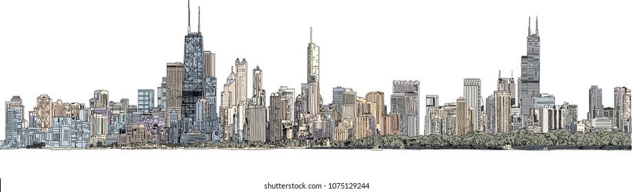 Hand drawn vector illustration. Color panorama of the Chicago skyline. Detailed ink look and feel.