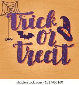 Hand drawn vector illustration with color lettering on textured background Trick or Treat for Halloween banner, event, invitation, celebration, advertising, poster, print, label, template, concept