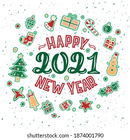 Hand drawn vector illustration with color lettering on textured background Happy New Year 2021 for banner, event, greeting card, invitation, celebration, advertising, poster, print, label, template