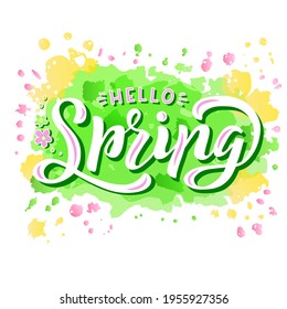 Hand drawn vector illustration with color lettering on textured background Hello Spring for card, invitation, advertising, info message, social media, concept, flyer, website, poster, banner, template