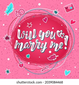 Hand drawn vector illustration with color lettering on textured background Will You Marry Me for banner, card, social media, invitation, celebration, advertising, poster, decoration, print, template