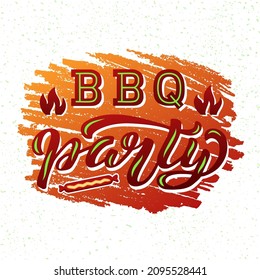 Hand drawn vector illustration with color lettering on textured background BBQ Party with barbeque flat set for invitation, celebration, advertising, decor, poster, print, website, banner, template