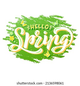 Hand drawn vector illustration with color lettering on textured background Hello Spring for card, invitation, advertising, info message, social media, concept, flyer, website, poster, banner, template