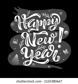 Hand drawn vector illustration with color lettering on textured background Happy New Year for winter season greeting, invitation, celebration, advertising, poster, card, banner, print, label, template