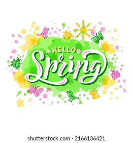 Hand drawn vector illustration with color lettering on textured background Hello Spring for card, invitation, advertising, info message, social media, concept, flyer, website, poster, banner, template