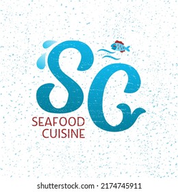 handgezeichnete Vektorgrafik mit dem Aufdruck "Seafood Cuisine" für Plakat, Einladung, Karte oder Flyer
