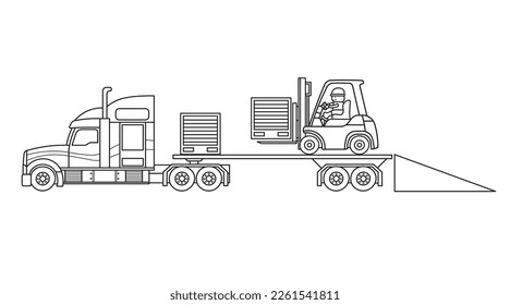 Dibujo manual Vector ilustraciones color niños construcción camión remolque con carretillas elevadoras y cajas