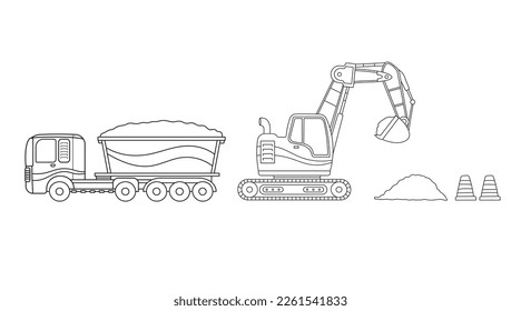 Dibujo manual Vector ilustrado color niños construcción mini excavadora, camión de volcado y conos de tráfico