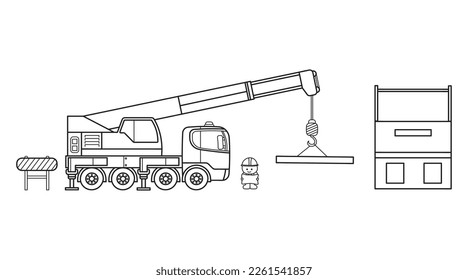 Hand drawn Vector illustration color children construction crane truck with building and construction worker
