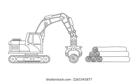 Handgezeichnete Farbkinder für Vektorgrafik, die einen hydraulischen Grabbagger mit Holzstamm und Bauarbeiter bauen
