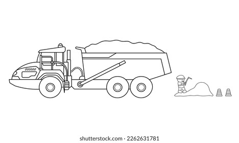 Hand drawn Vector illustration color children construction articulated hauler dump truck with construction worker clipart