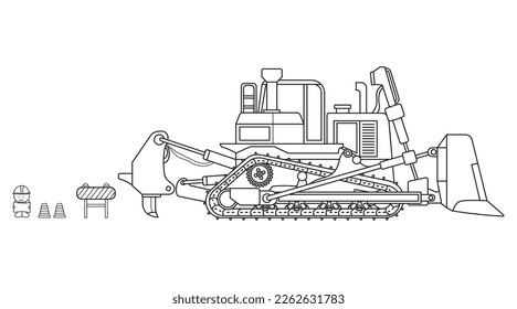 Hand drawn Vector illustration color children construction large bulldozer with construction worker clipart